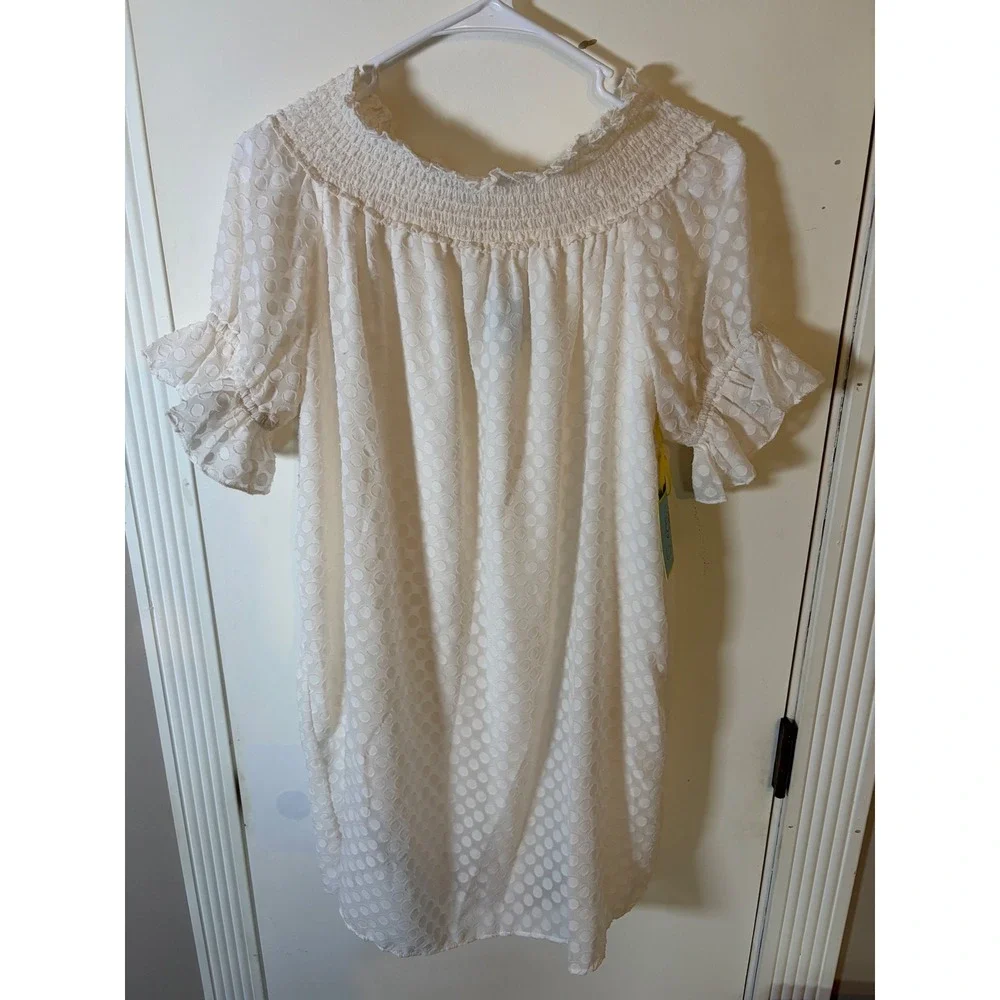 CeCe Girls Cream Ivory Clip Dot Smocked Off Shoulder Ruffle Dress Size 8 NEW
